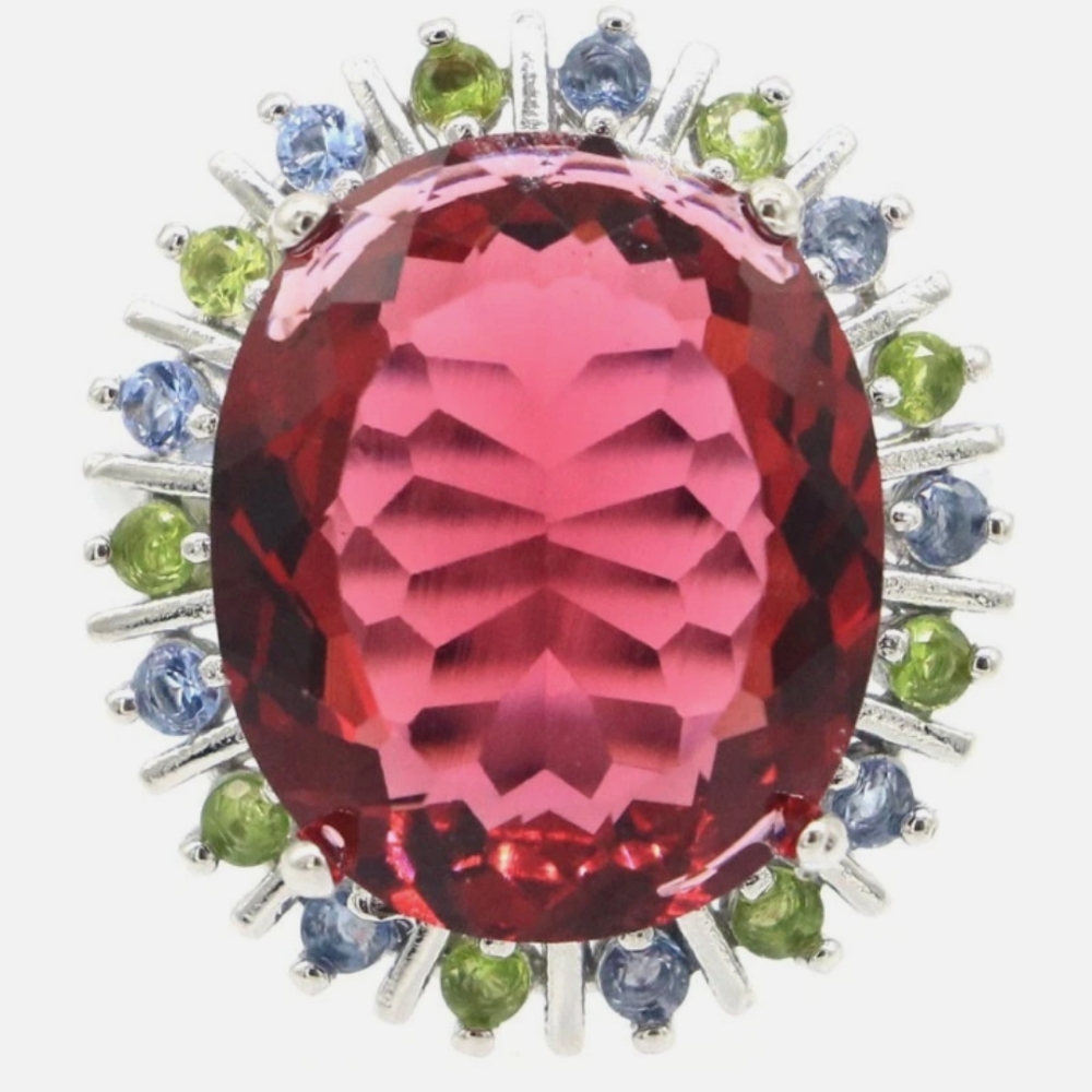 New Raspberry Rhondolite Garnet, Peridot & Blue Violent Topaz SS Ring